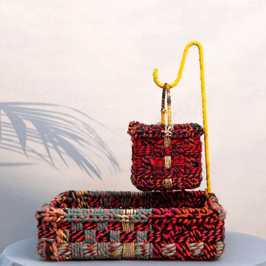 Double decker trays crafted from cotton, upcycled textile waste, and plastic waste ropes