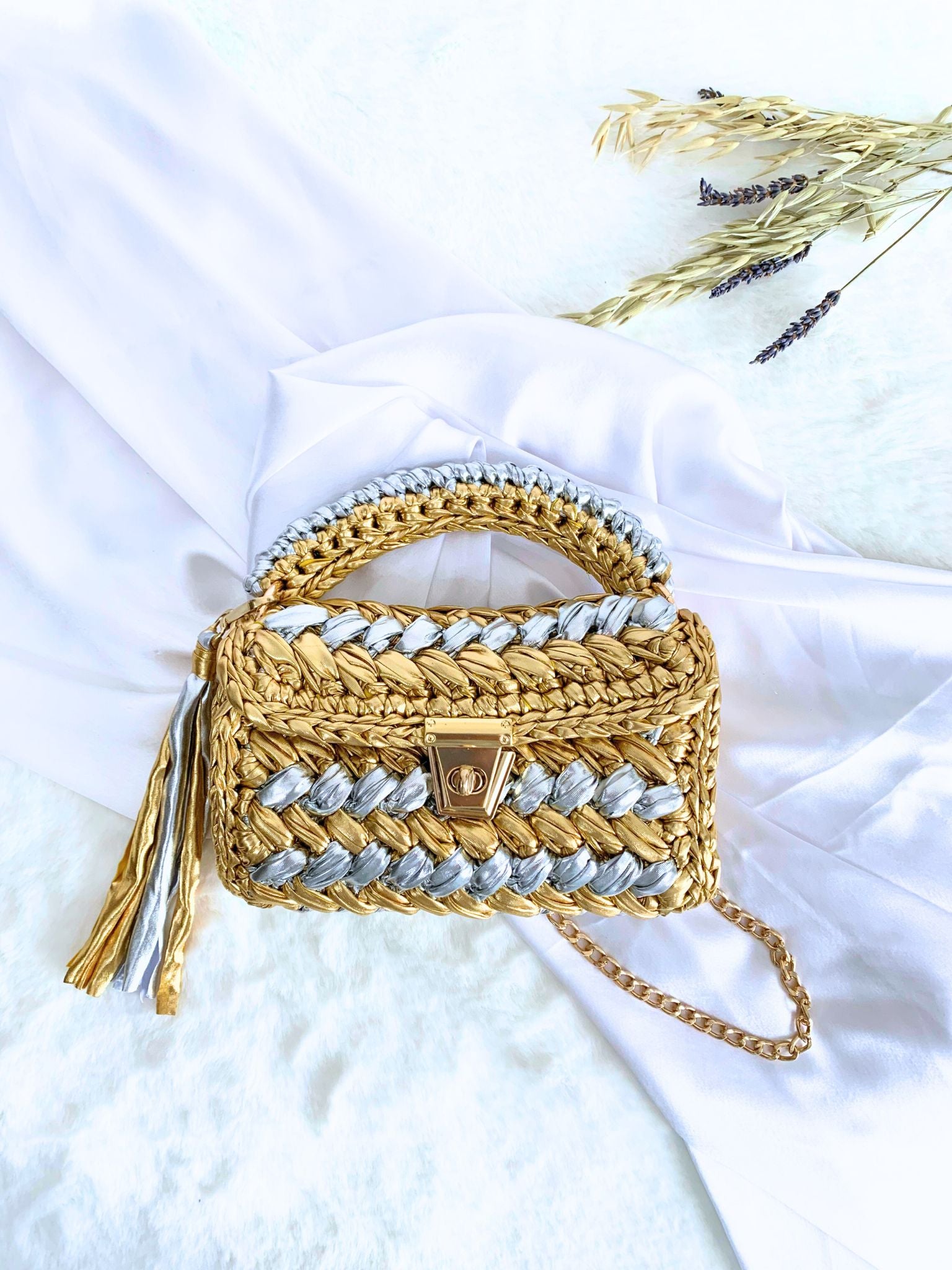 Elegant gold and silver duo crochet bag – the perfect party accessory.