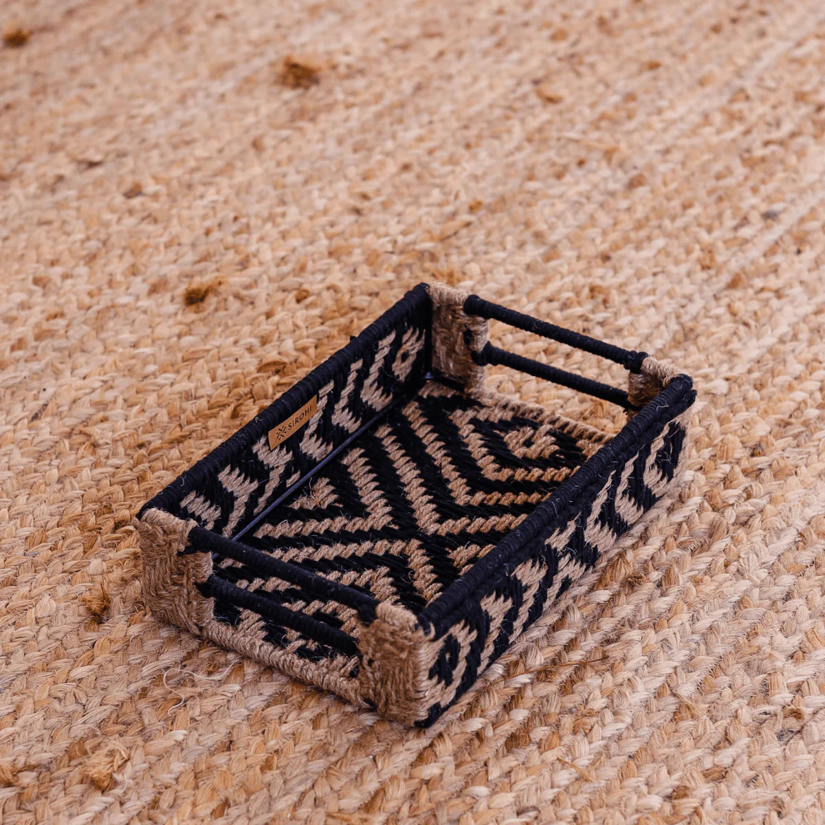 sustainable home decor. Woven trays perfect for serving and gifting. Make festive gift hampers. Black and beige.