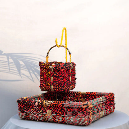 Enhance your tabletop with the beauty of these double decker trays, expertly crafted from cotton, upcycled textile waste, and plastic waste ropes