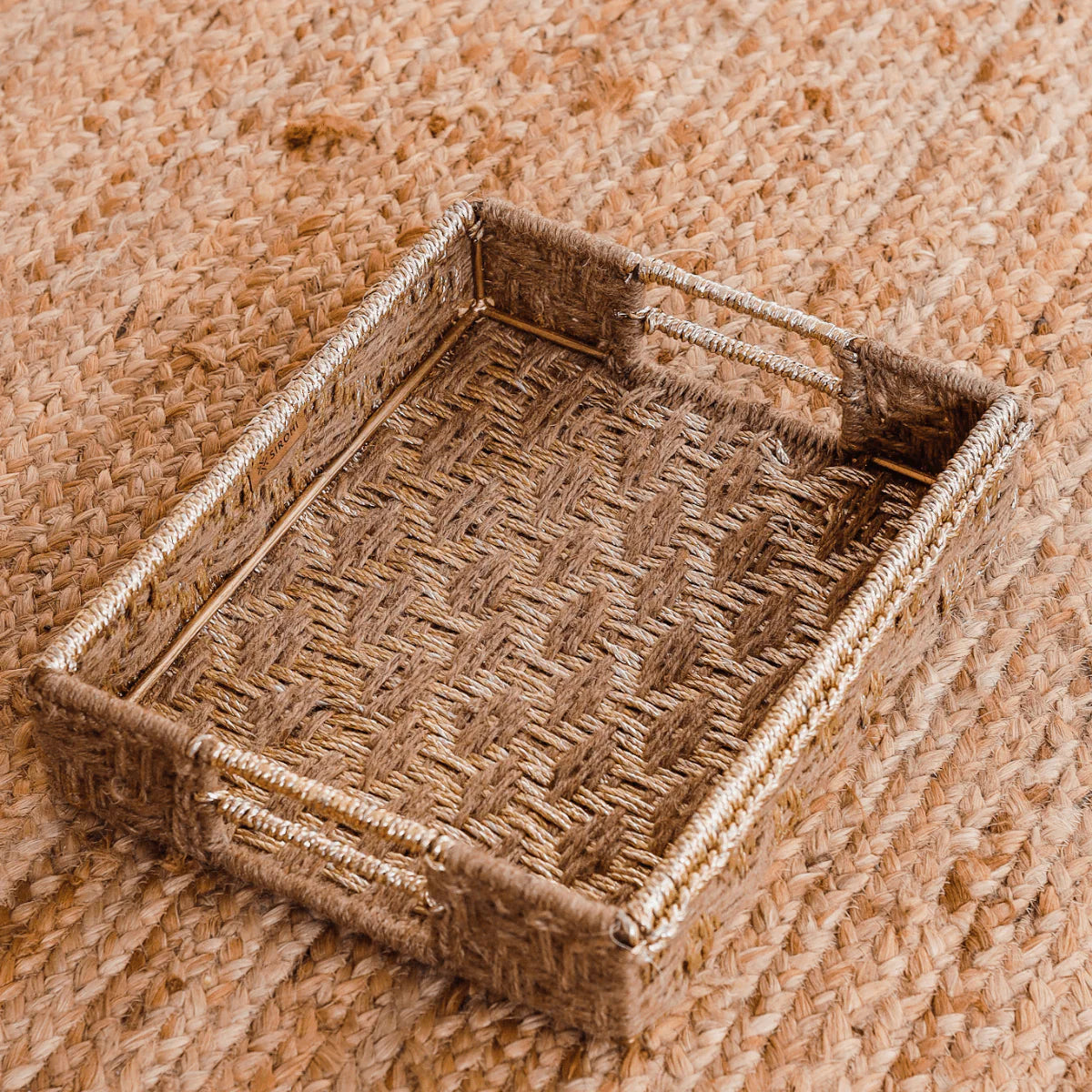 rustic handwoven tray, featuring a diamond pattern and crafted by women artisans using natural jute, cotton, or upcycled ropes.