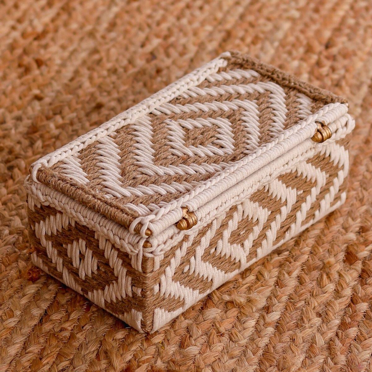 Elevate your storage solutions with this handwoven box, crafted from natural jute and cotton ropes, adding rustic charm.