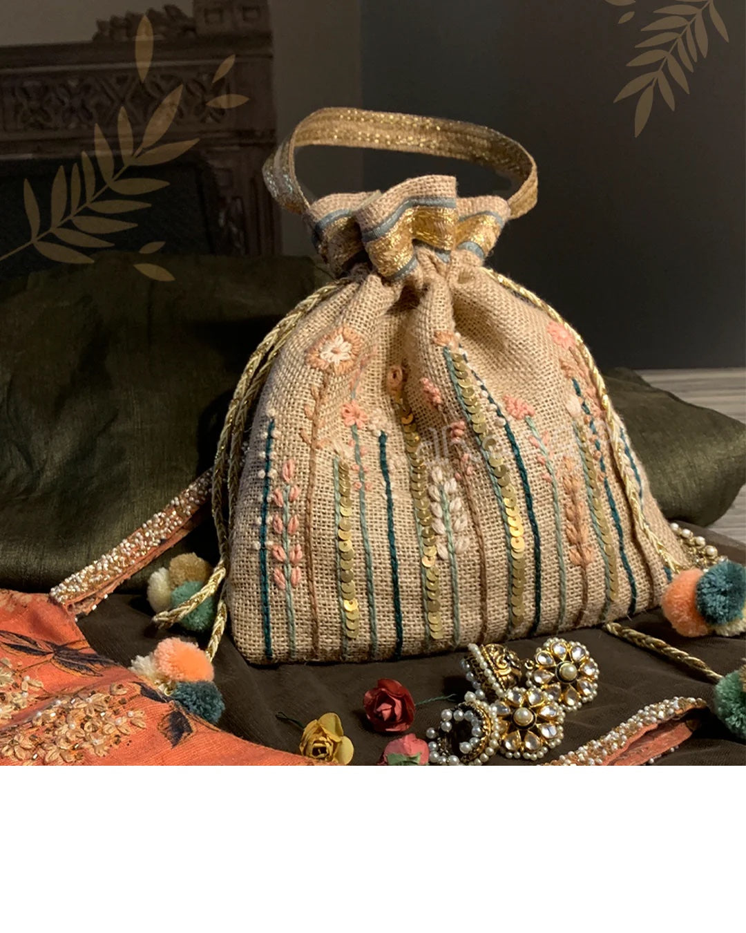 Beige Elegant Floral Potli bag, hand-embroidered with intricate details and metal sequins, evoking a blooming flower field