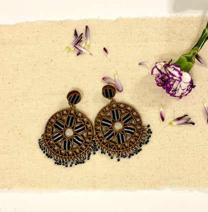 Unique Wood and fabric jewellery. Wheel shaped dangler earrings.