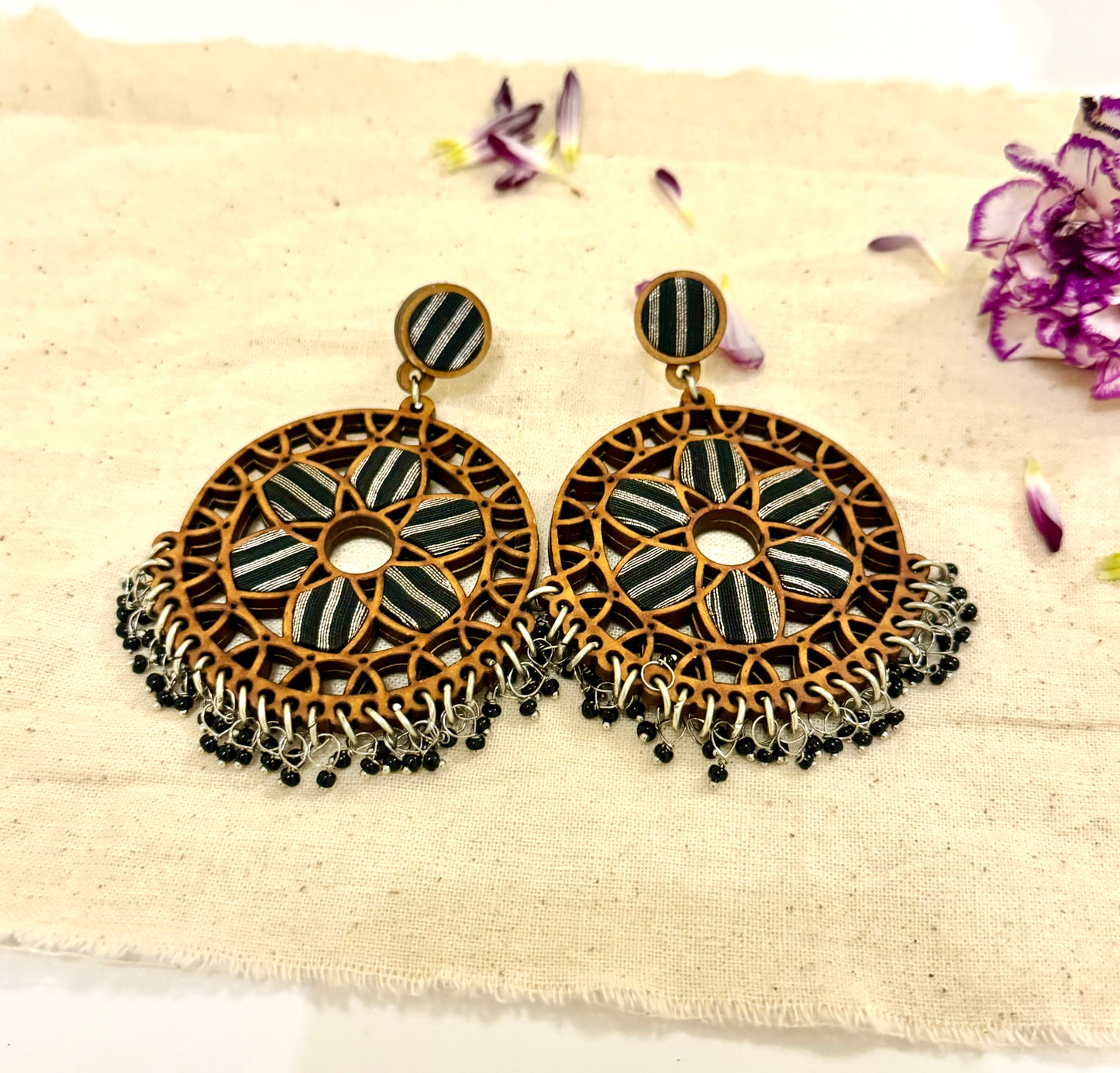 Unique Wood and fabric jewellery. Wheel shaped dangler earrings.