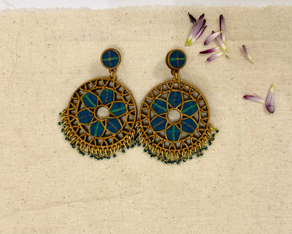 Unique Wood and fabric jewellery. Wheel shaped dangler earrings.