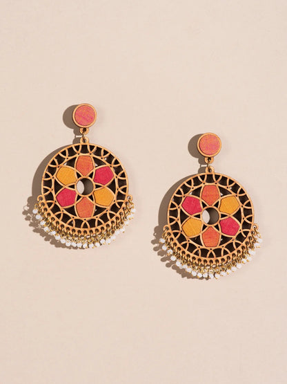 Unique Wood and fabric jewellery. Wheel shaped dangler earrings.