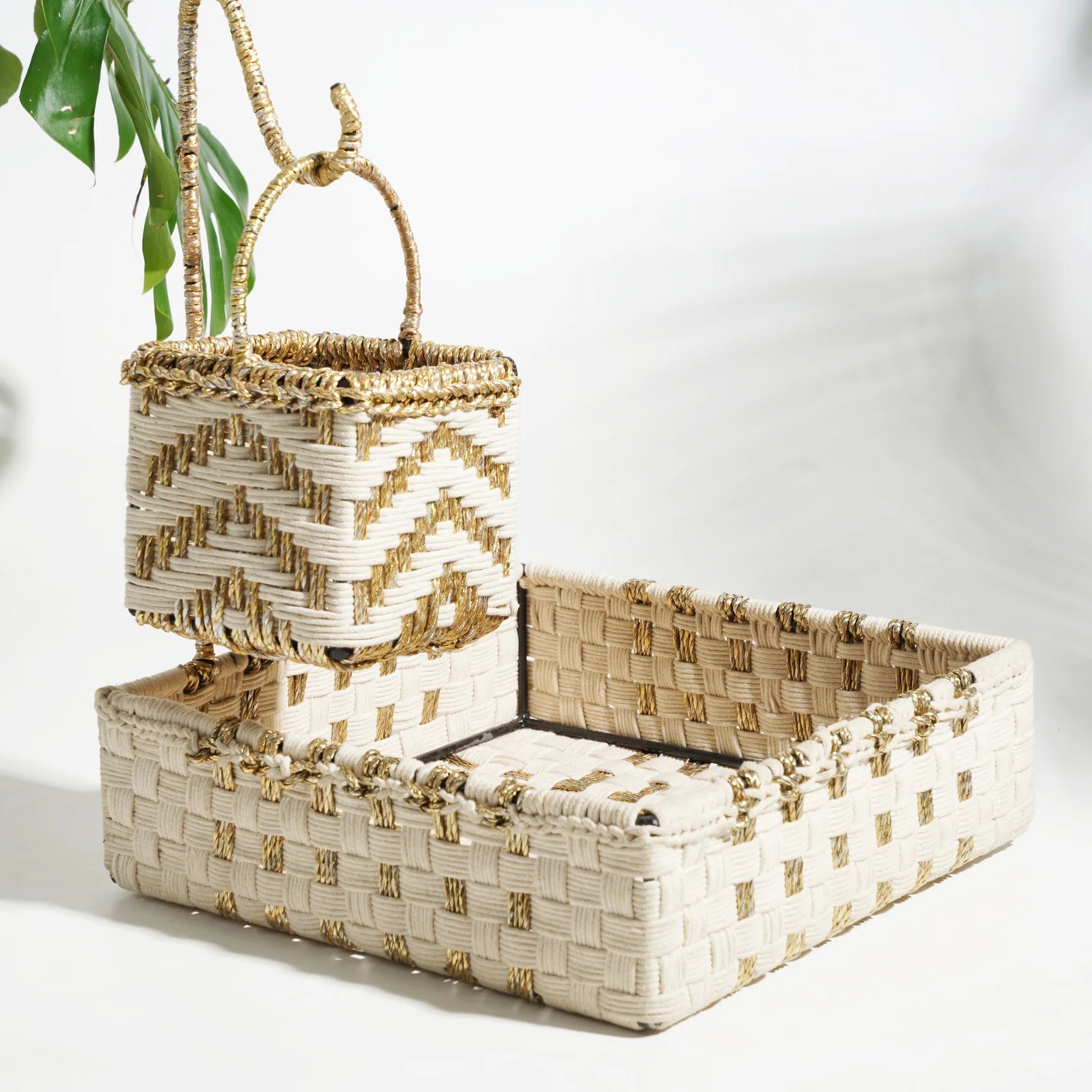 Elevate your decor with these double decker trays, beautifully combining cotton, upcycled textile waste, and plastic waste ropes