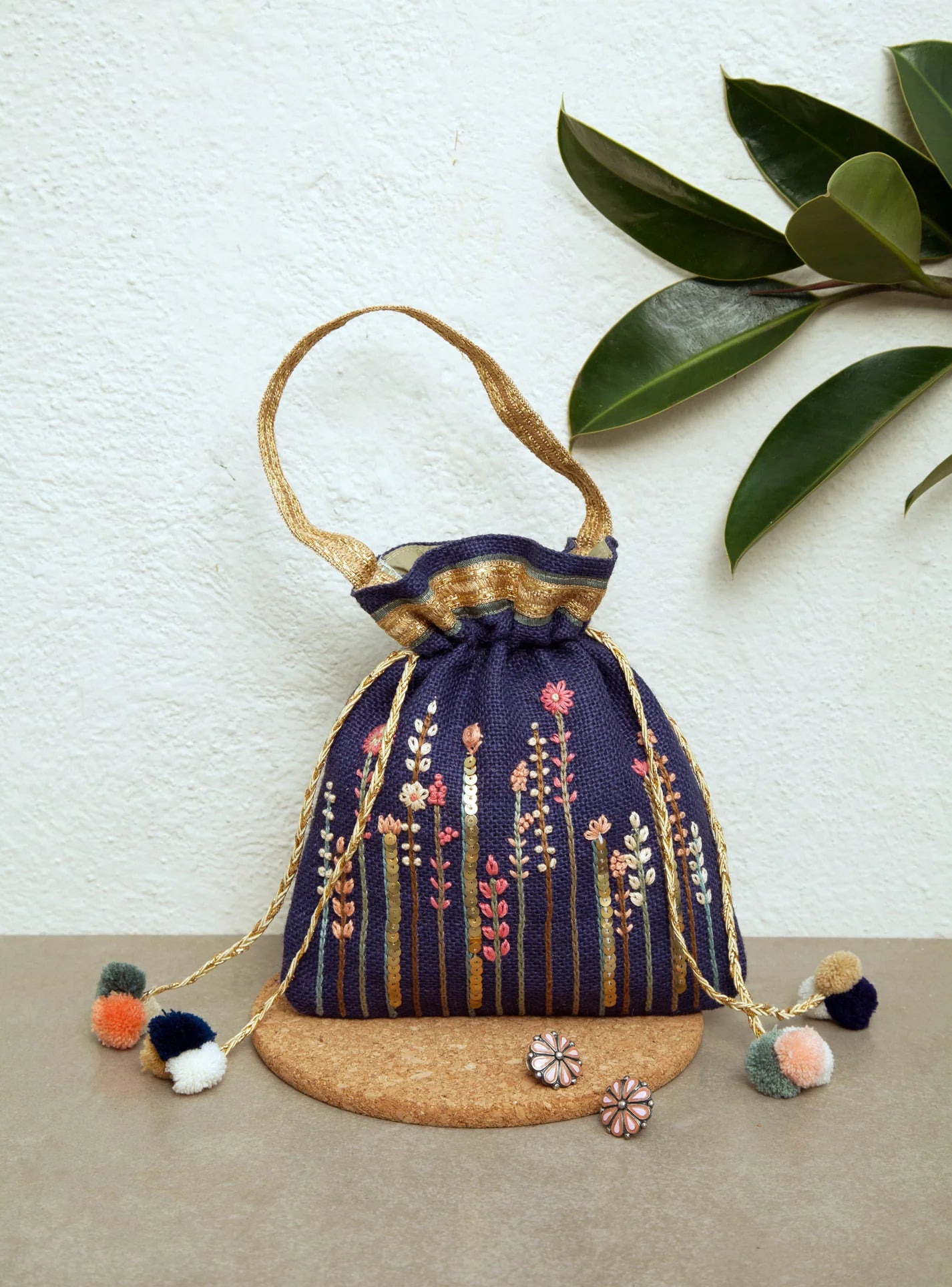 Hand embroidered floral potli bag