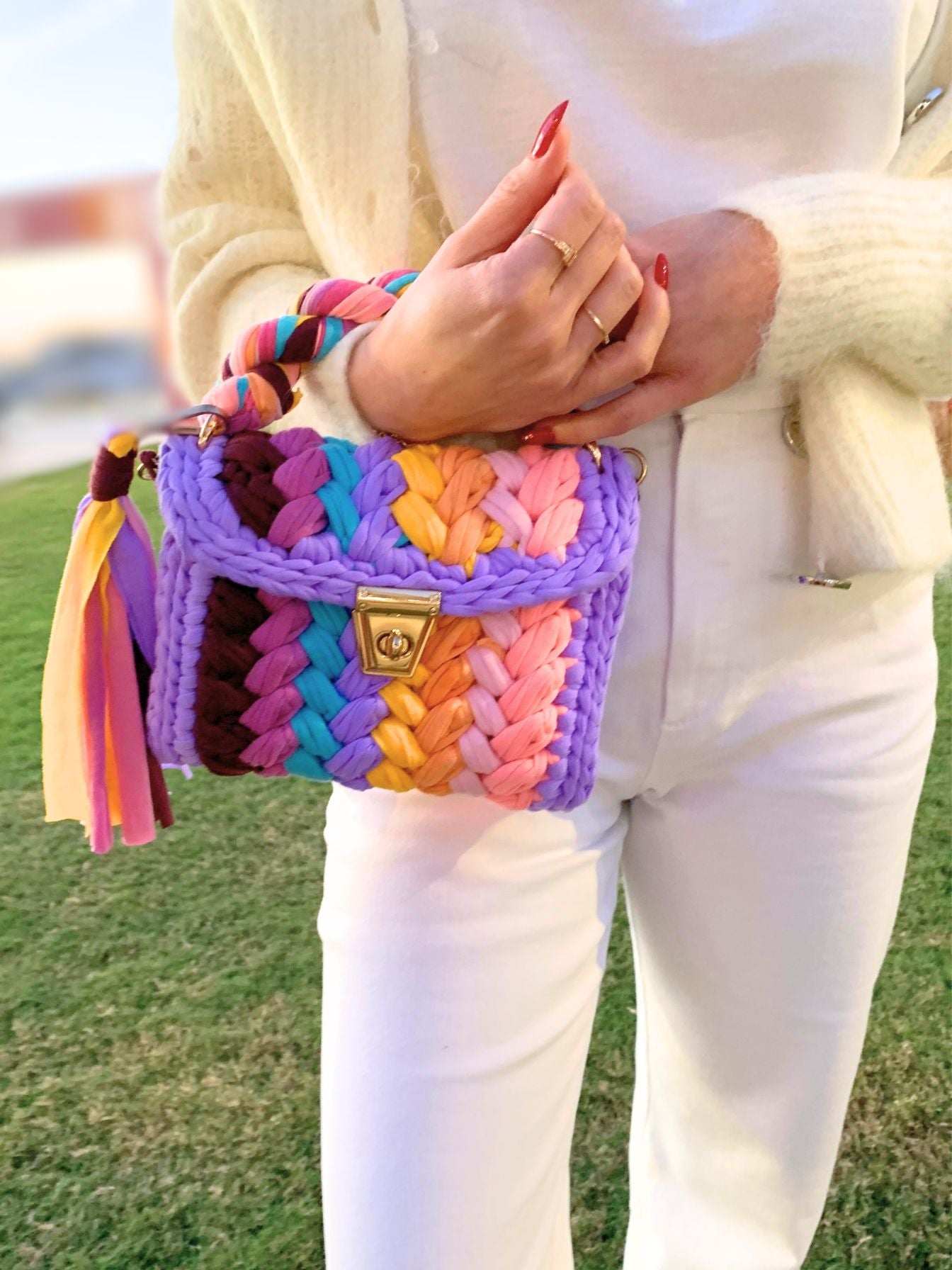 Rainbow crochet handbag made with eco-friendly t-shirt yarn