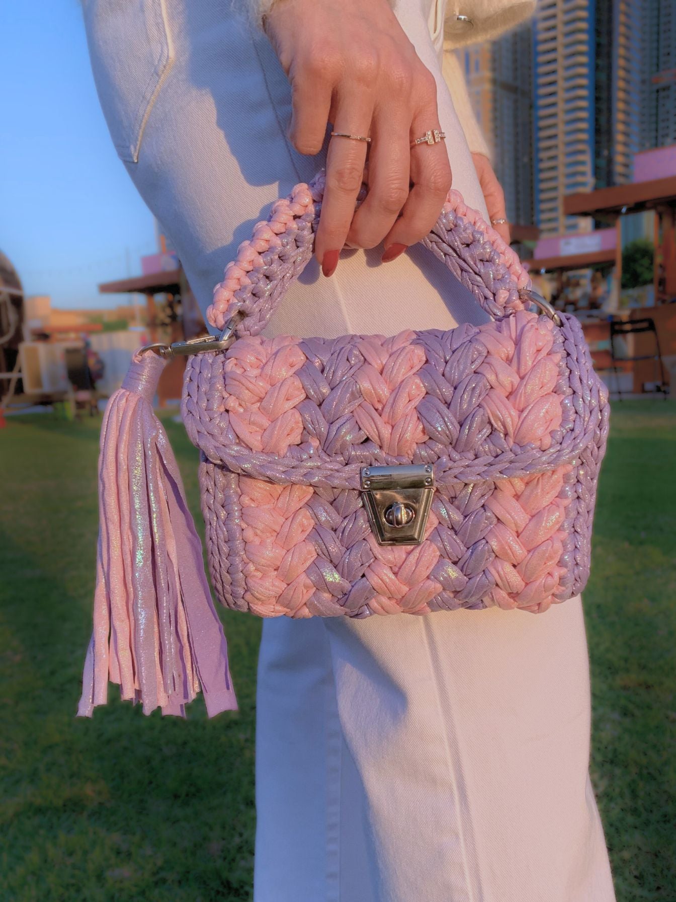 Lilac and pink handcrafted crochet bag 