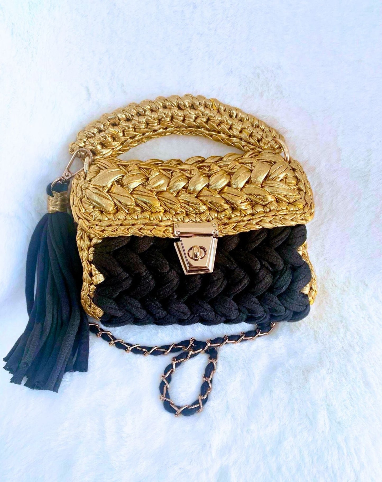 Gold and black handcrafted crochet handbag