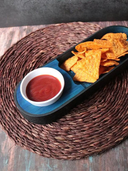 Blue bamboo snack platter handcrafted.