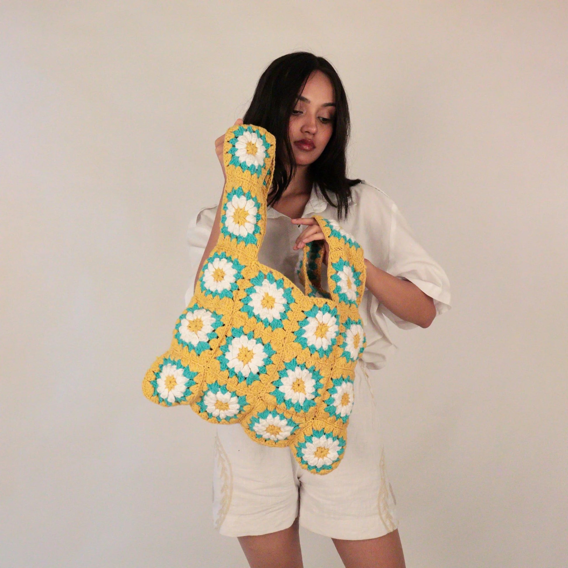 Turquoise, White, and Yellow Hand-crocheted shopper tote bag