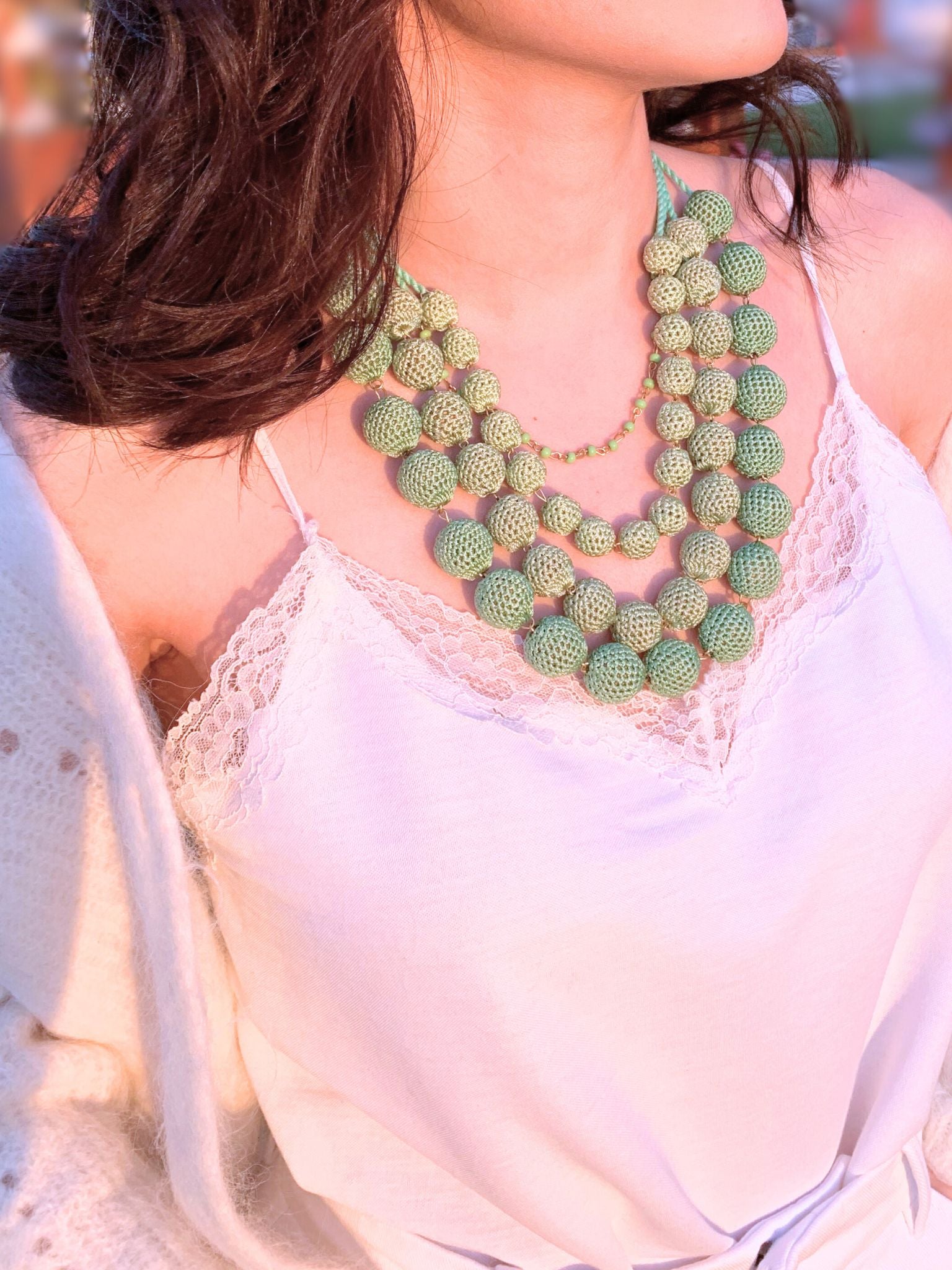 4 layered crochet beads ombre necklace in green.