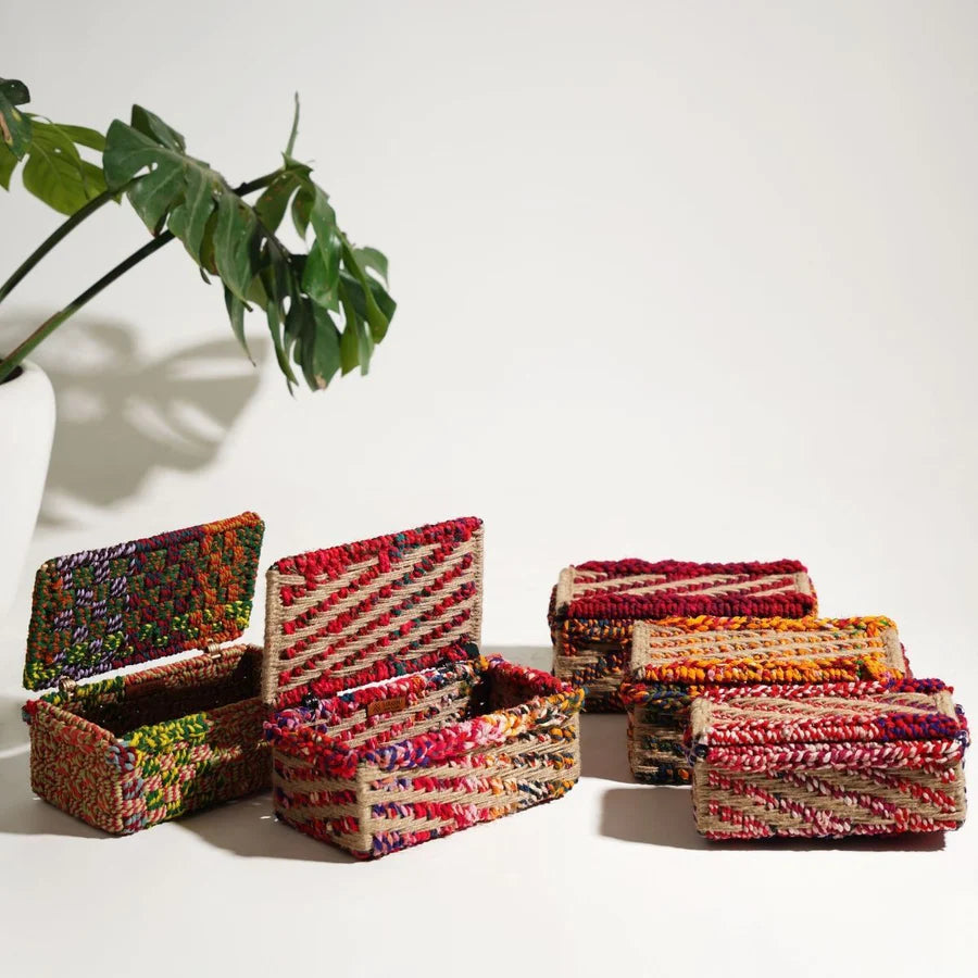 handwoven box, crafted from natural jute and cotton ropes to bring rustic charm