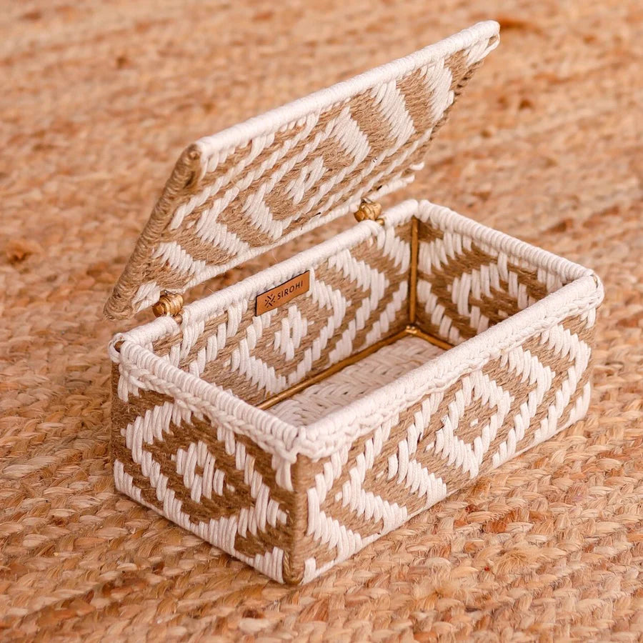 Handwoven storage box crafted from natural jute and cotton ropes, offering a multifunctional solution with rustic charm.