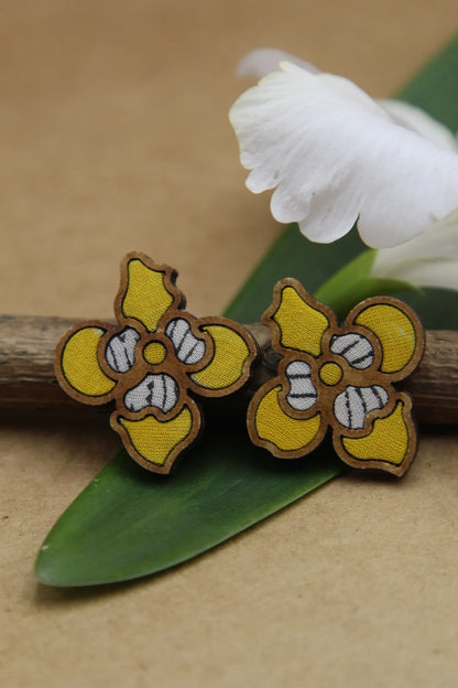 Handcrafted flower studs in cheerful yellow hue, perfect for eco-conscious fashion